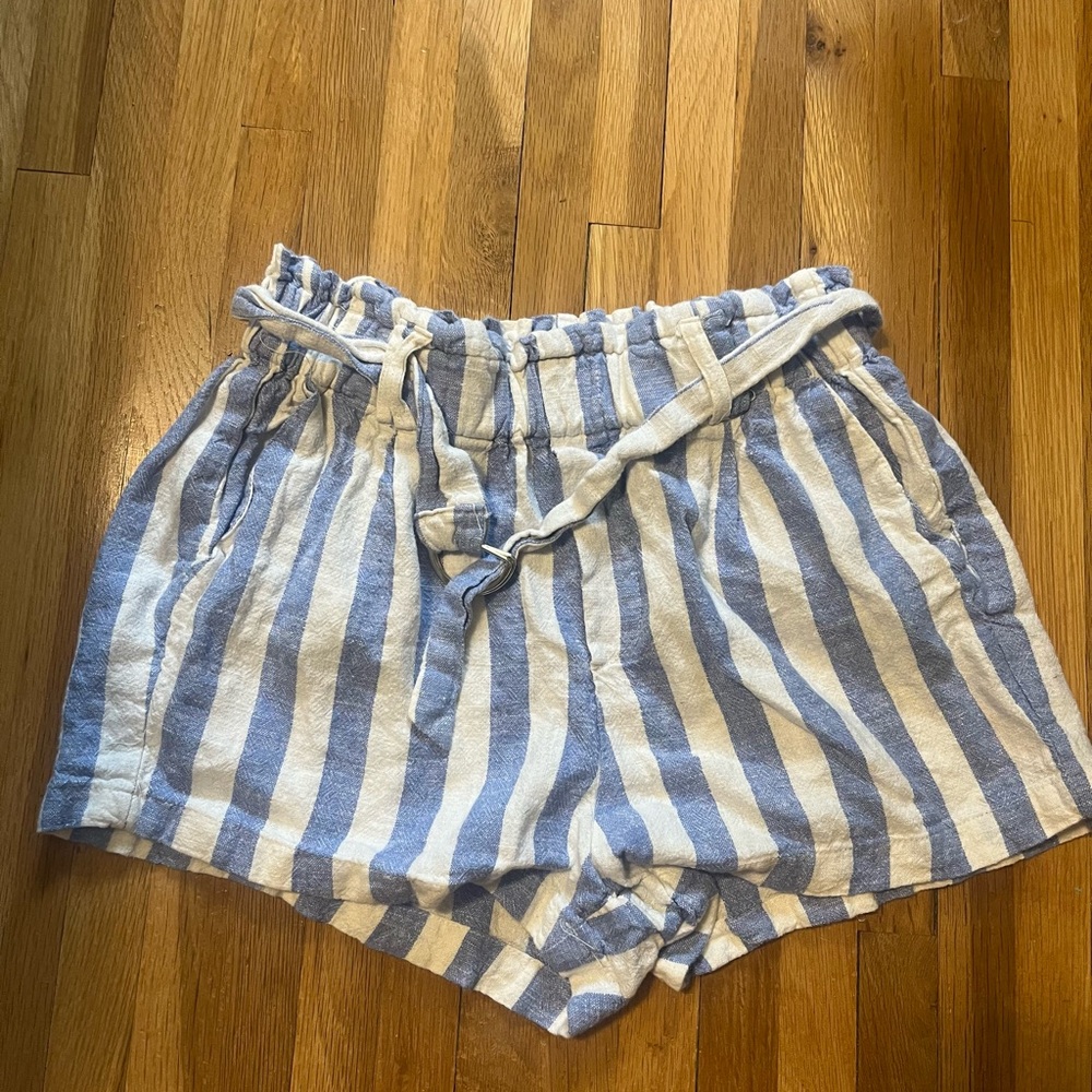 Blue & White Striped Linen Women's Shorts Size S